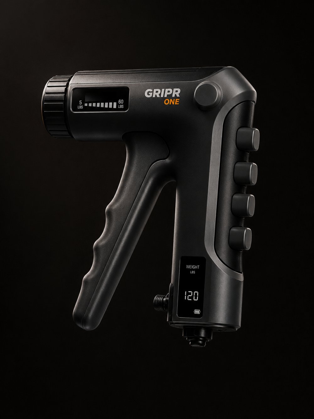 Gripr One — entraîneur de préhension, vue trois-quarts sur fond noir
